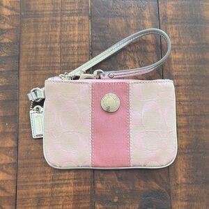 Coach Pink Signature Stripe Wristlet with Silver Accents